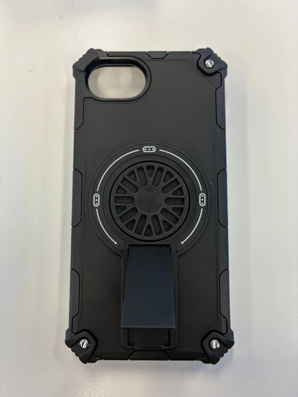 16E Black Case with Built-In Fidget spinner and kick stand. MagSafe